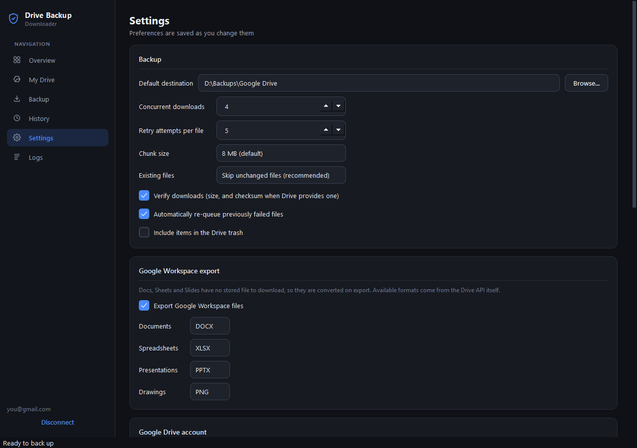 Settings page with concurrent downloads, export formats, theme and keep-awake options