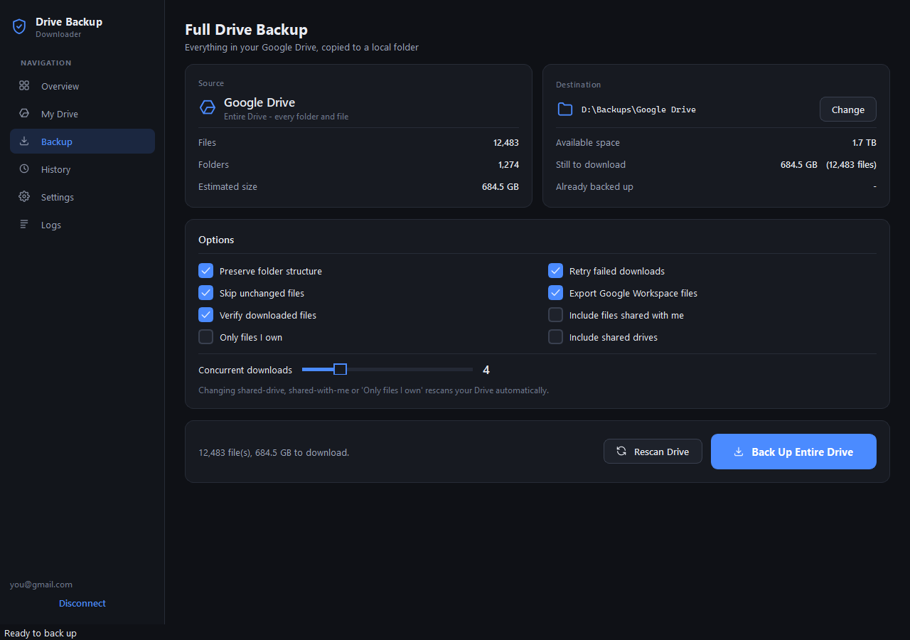 Backup setup page with destination folder, amount left to download and free disk space check
